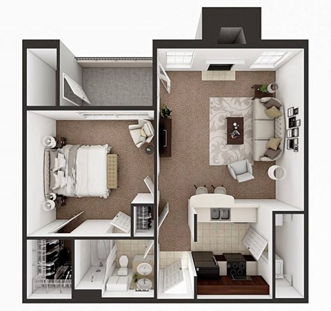 Floor plan for 1 bed, 1 bath, 880 sqft